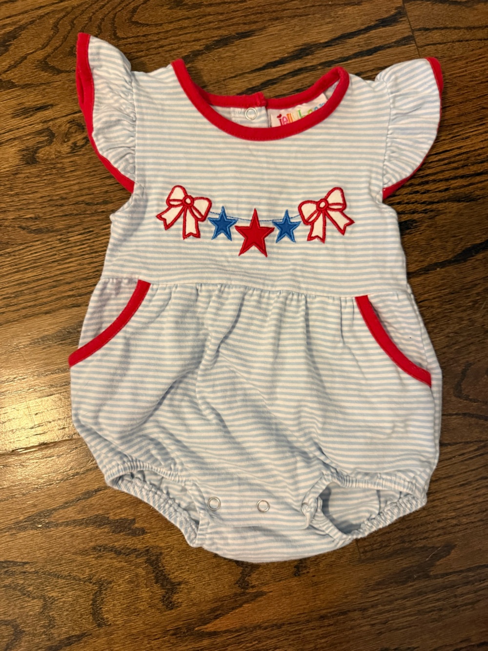 Blue White Striped Bubble with Red Trim and Bow Star Appliqué